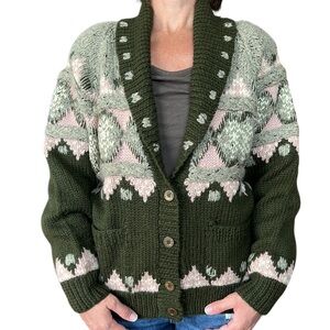 Vintage‎ NOVO Hand Knit Wool Blend Chunky Ugly Christmas Sweater Green/Pink M